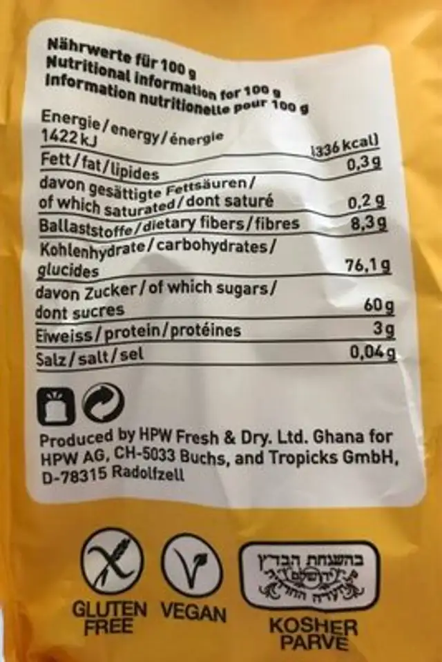 Pineapple dried fruits nutrition facts table