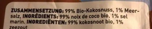 Chips coconuts ingredients label