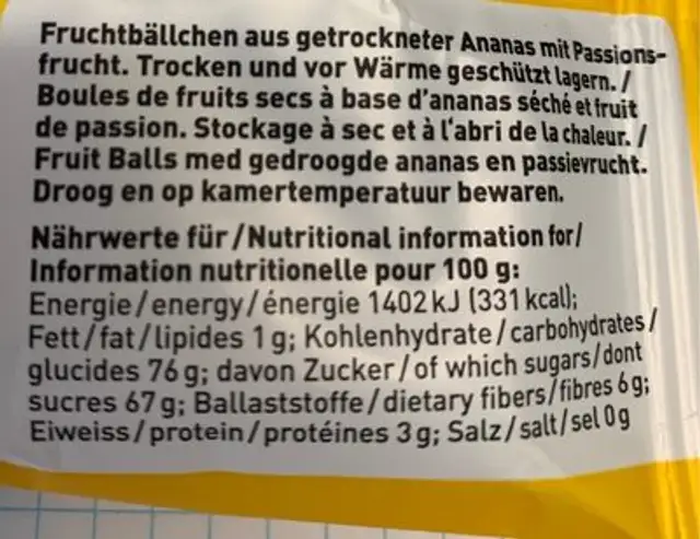 Ananas fruit de la passio nutrition facts table