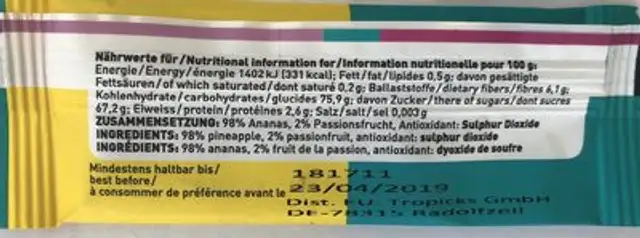 Tropicks ingredients label