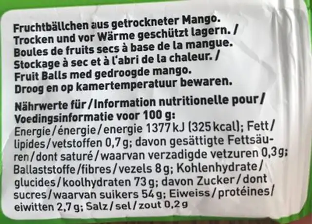 Fruit balls mangue nutrition facts table