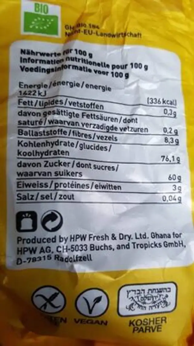 Dried fruit nutrition facts table
