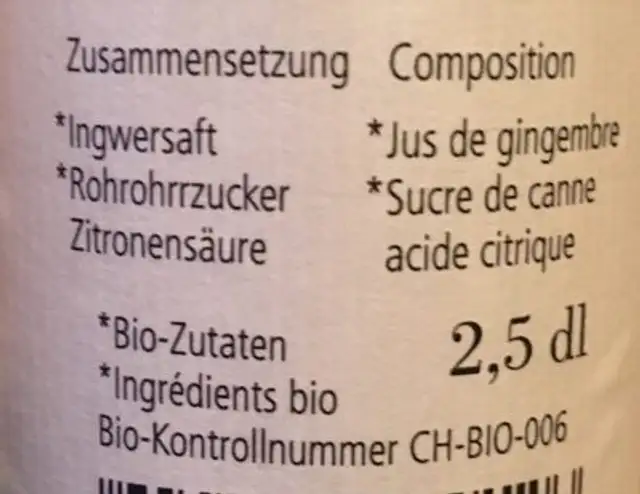 Jus de gingembre nutrition facts table