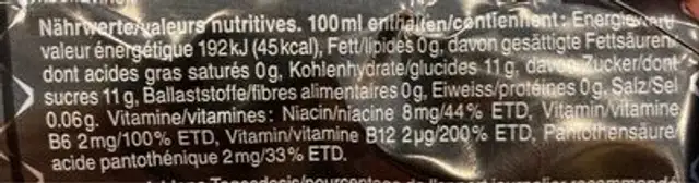 CLUB Energy Drink nutrition facts table