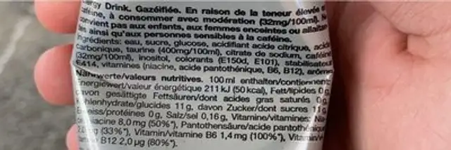 Boisson energisante nutrition facts table