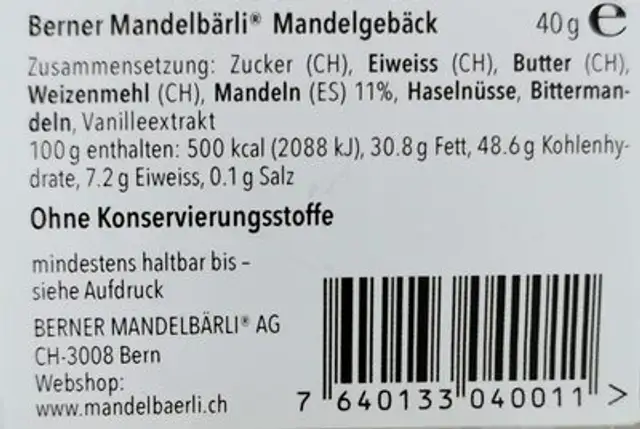 Berner Mandelbärli nutrition facts table
