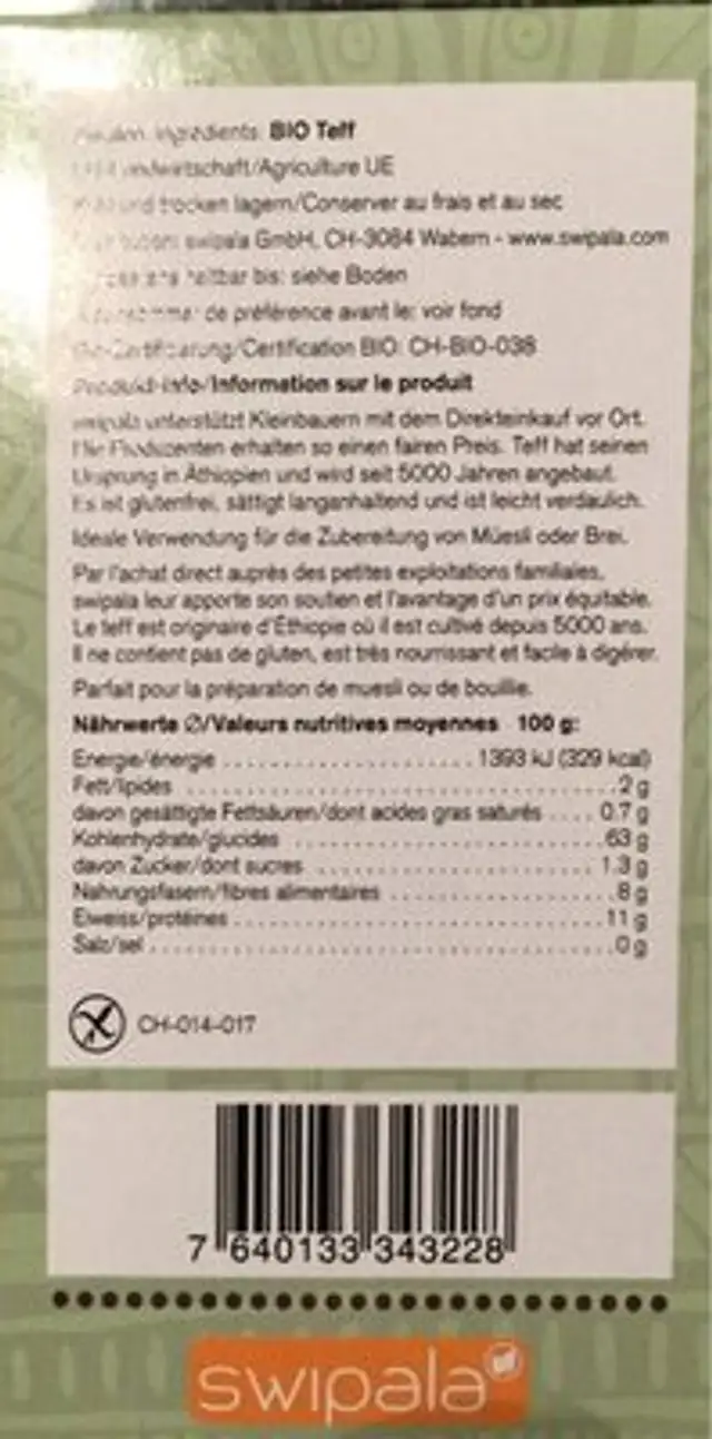 Flocons Teff nutrition facts table
