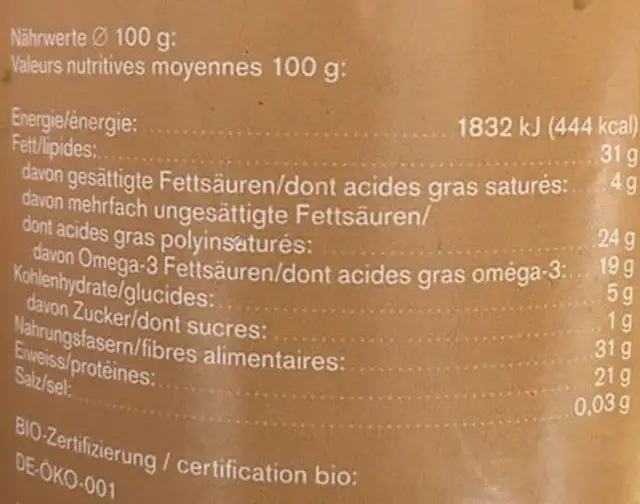 Bio Chia Samen nutrition facts table