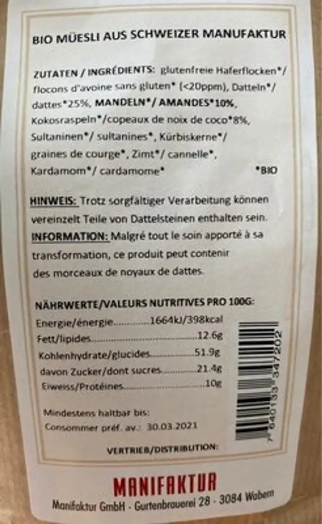 Granola Natursüss Dattel-Mandel-Kokos nutrition facts table
