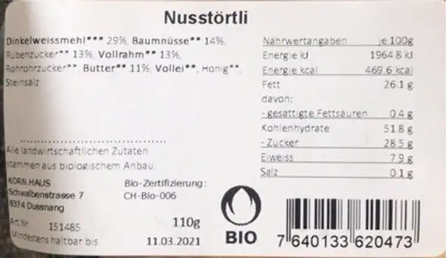 Nusstörtli nutrition facts table