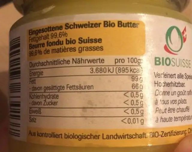 Ghee Bio Butter nutrition facts table