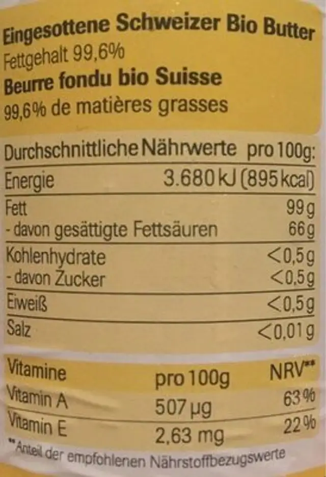 Ghee nutrition facts table