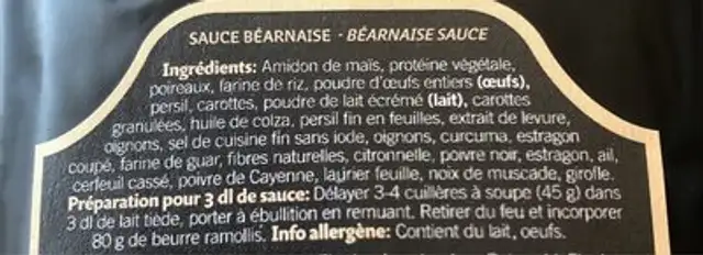 Sauce Béarnaise ingredients label