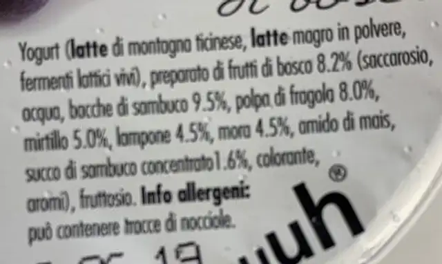 Frutti di bosco ingredients label