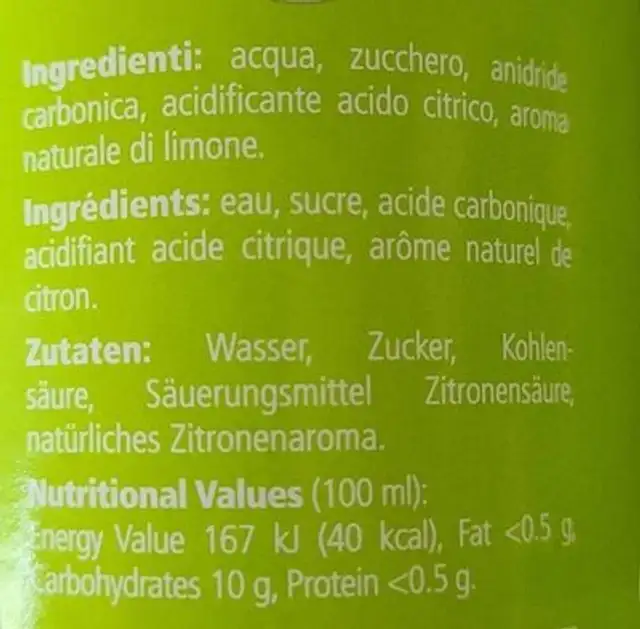 Gazzosa Ticinese Limone nutrition facts table