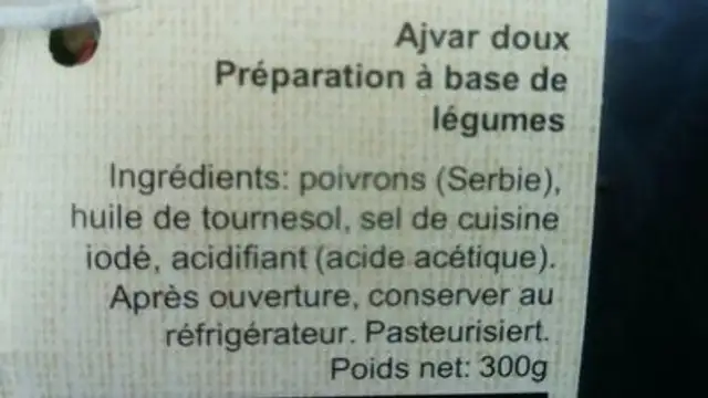 Ajvar Traditionell Mild 300G ingredients label