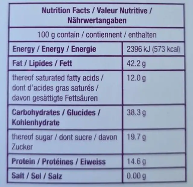 Chocolat Noir Amande nutrition facts table
