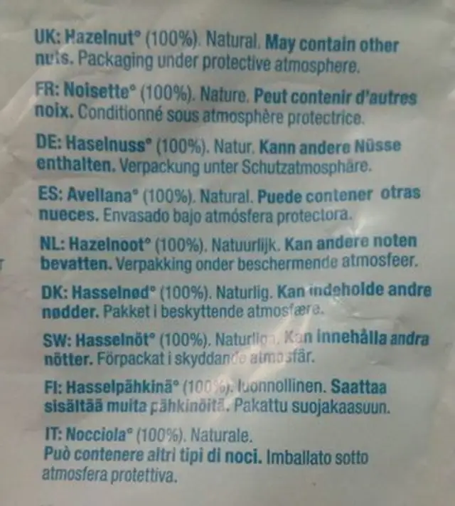 Noisettes entières ingredients label