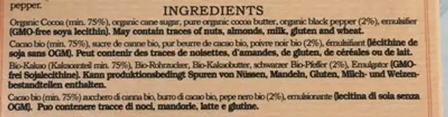 Madagascar Bejofo Estate - 75% Trinitario cocoa & Black pepper ingredients label