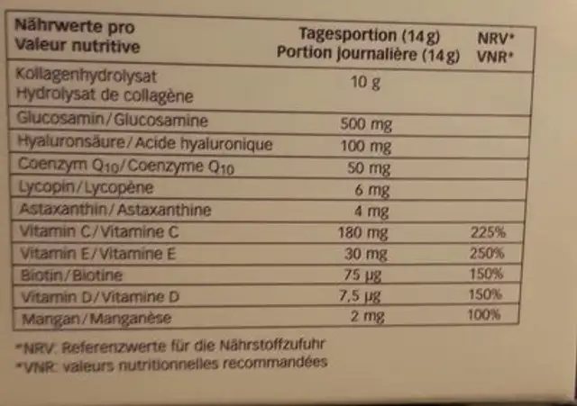 Vita Collagen Complex Sachets 30 STK nutrition facts table