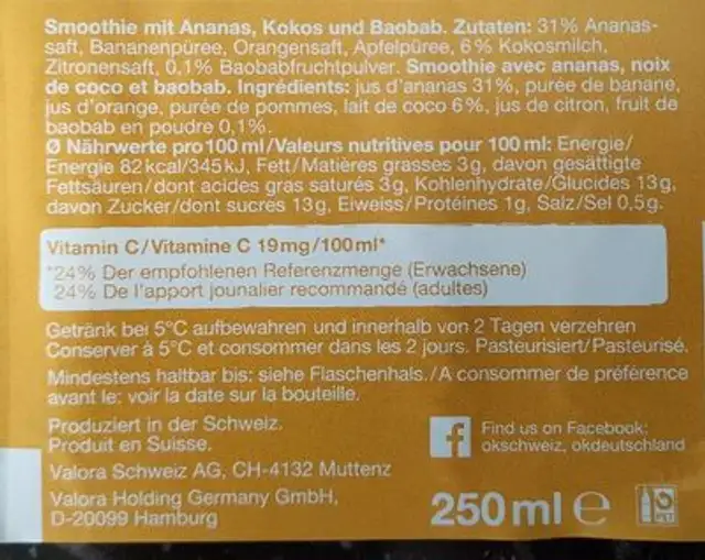 Ok smoothie pineapple & cocos nutrition facts table