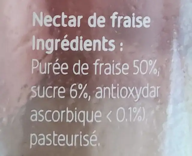 Nectar de fraise ingredients label