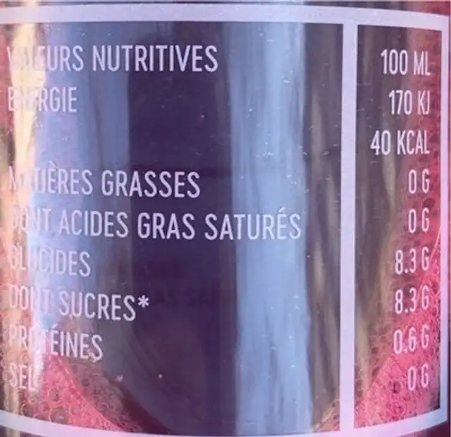 Jus Pomme-Betterave-Citon nutrition facts table