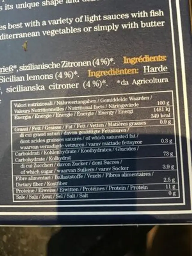 Pâtes Aux Citrons (sans Oeuf) Bio nutrition facts table