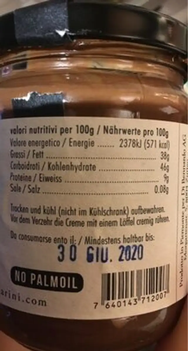 Crema di nocciole VIA PARINI nutrition facts table