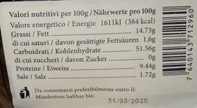 Grano Arso nutrition facts table