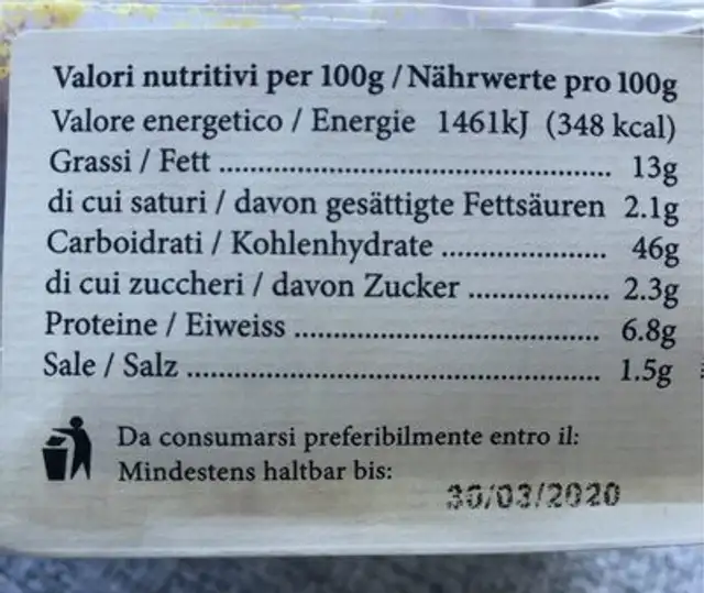 Taralli curcuma nutrition facts table