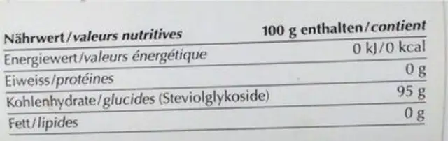 Steviasol nutrition facts table