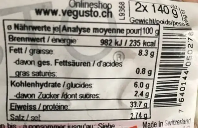 Vegi-bratwurst, bianca-rosso nutrition facts table