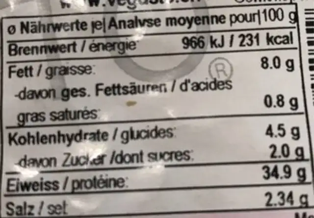 Vegi-Hack nutrition facts table