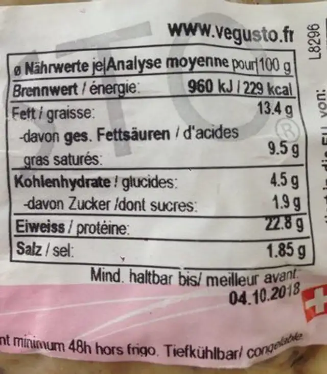 Unknown nutrition facts table