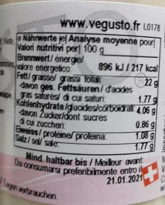 Vegusto french-Dressing nutrition facts table