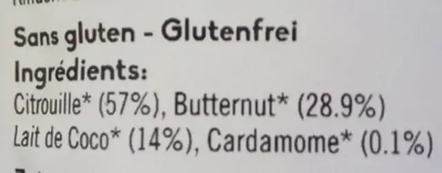 Citrouile, lait de coco avec cardamome ingredients label
