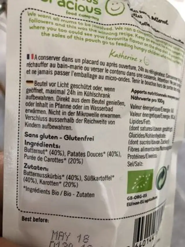 Gracious patates doucesbutternut carottees ingredients label