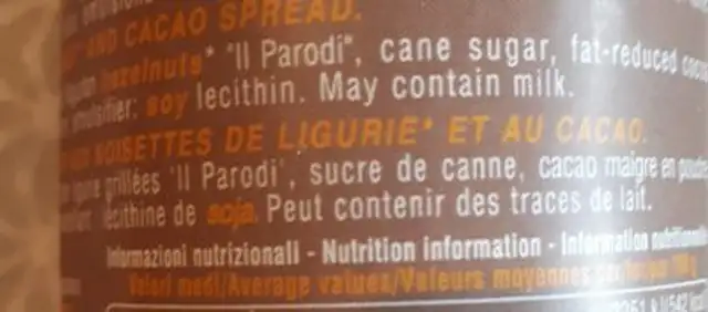 Nocciola ligure ingredients label