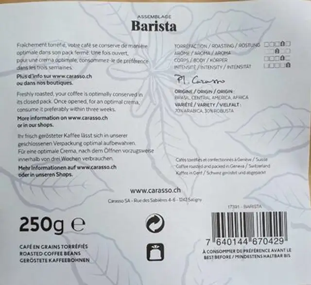 Café Barista nutrition facts table