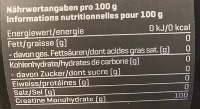 Creatine Powder nutrition facts table