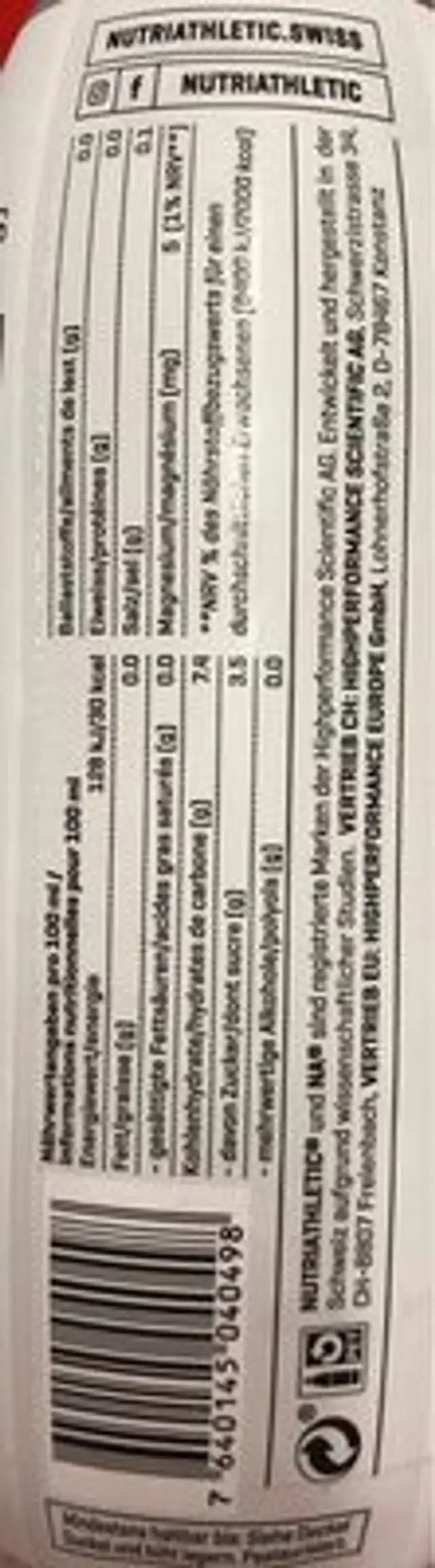 Sport water RELOAD nutrition facts table
