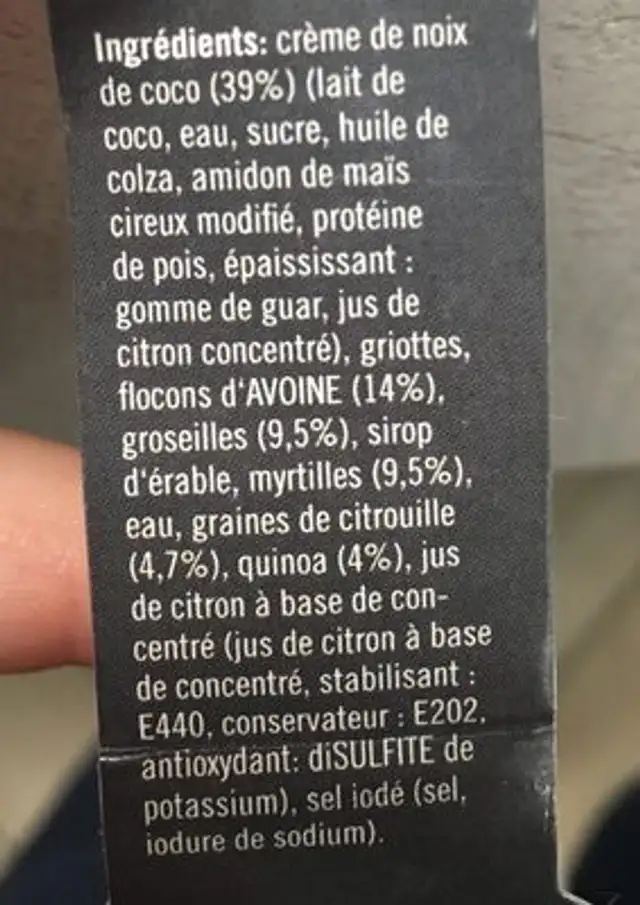 Vegan berry Bircher ingredients label