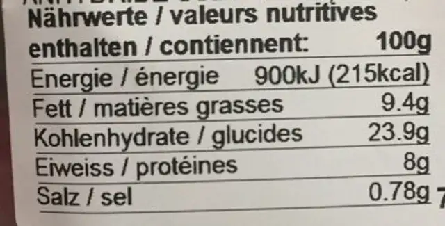 Focaccia tomates-mozzarella nutrition facts table