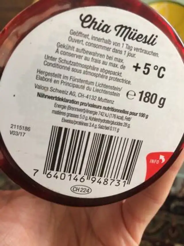 Chia Muesli ingredients label