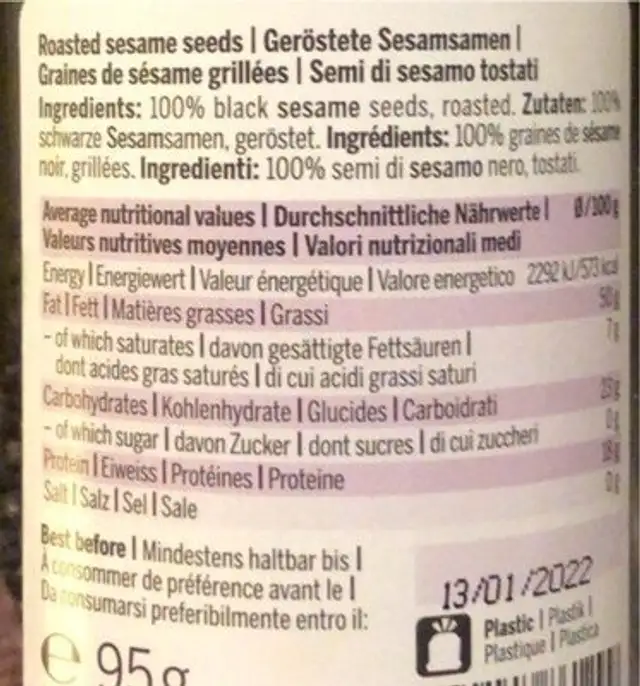Black sesame nutrition facts table