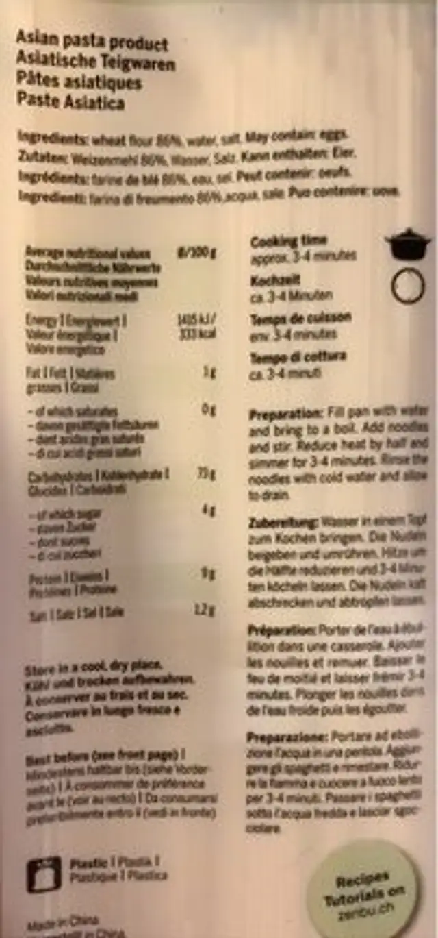 Udon noodles nutrition facts table