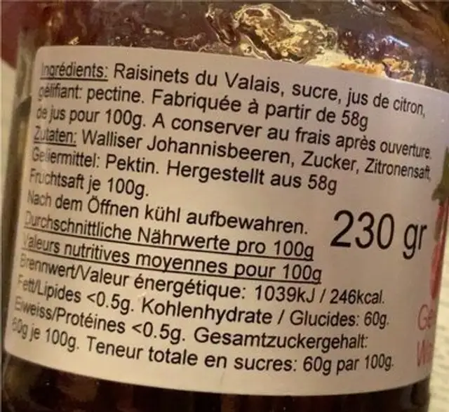 Gelée de Raisinets du Valais nutrition facts table