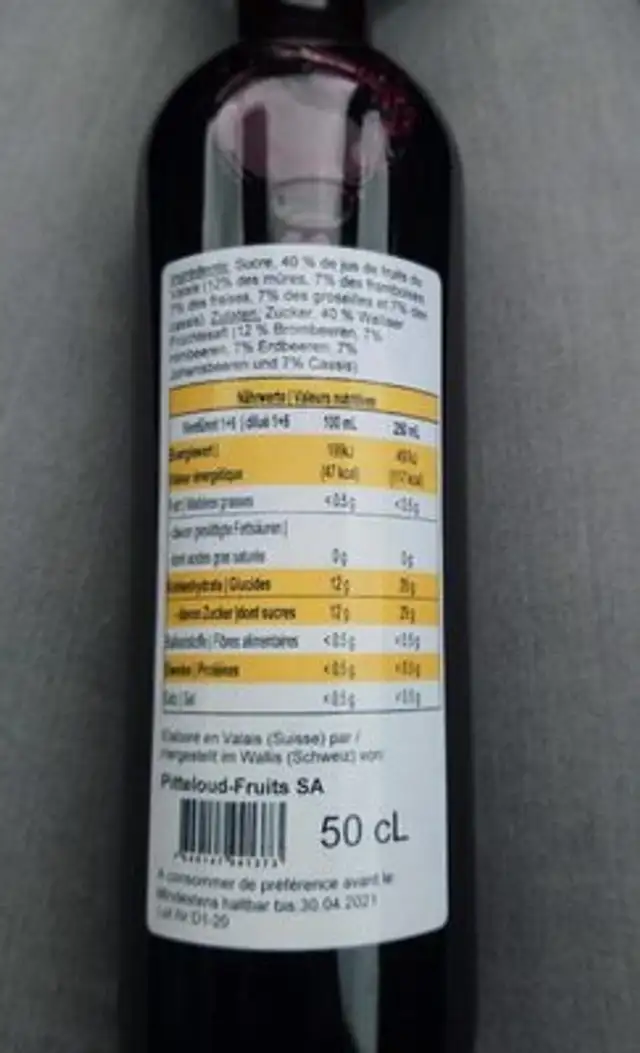 Sirop du valais nutrition facts table