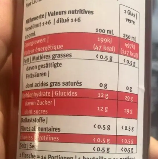 Sirop de fraise nutrition facts table
